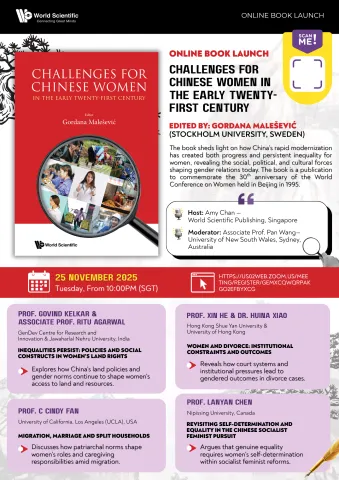 A flyer for an online book launch for "Challenges for Chinese Women" edited by Gordana Malesevic. It includes a chapter from Nipissing University professor, Lanyan Chen, titled "Revisiting Self-Determination and Equality in the Chinese Socialist Feminist Pursuit".