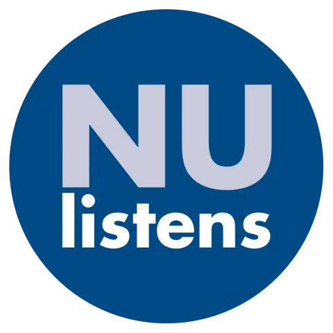NUlistens logo with large “NU” above the word “listens” in white text inside a dark blue circular background