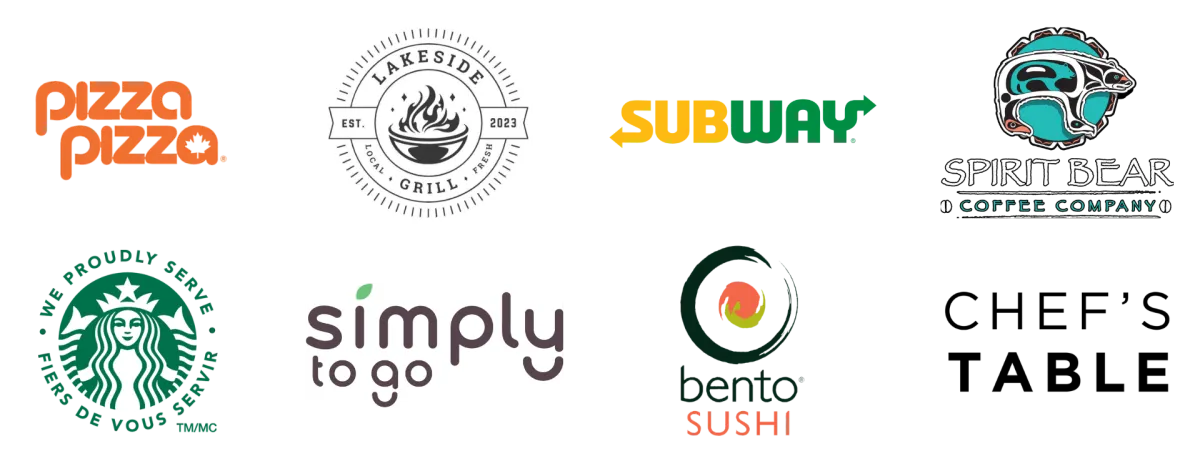 2 horizontal line of brand logos served at the cafeteria