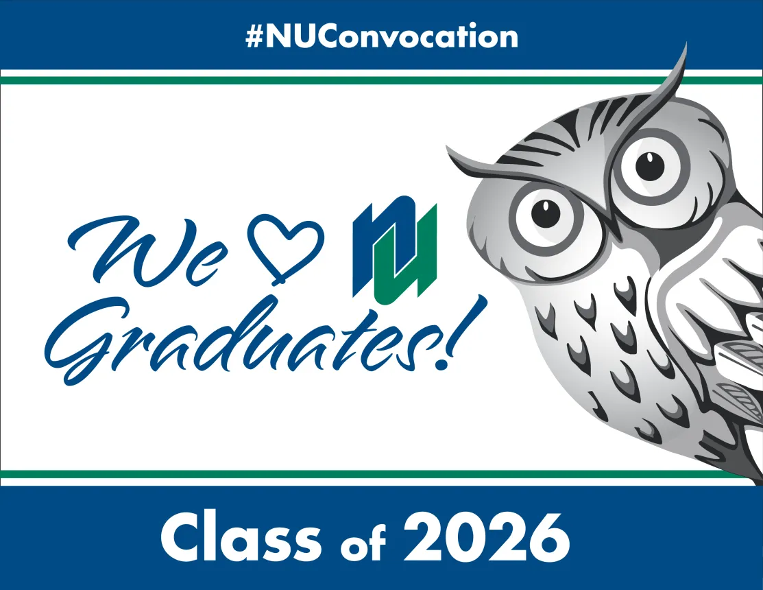A sign that reads "Class of 2026 We Heart Graduates #NUConvocation" with Nipissing University Owl