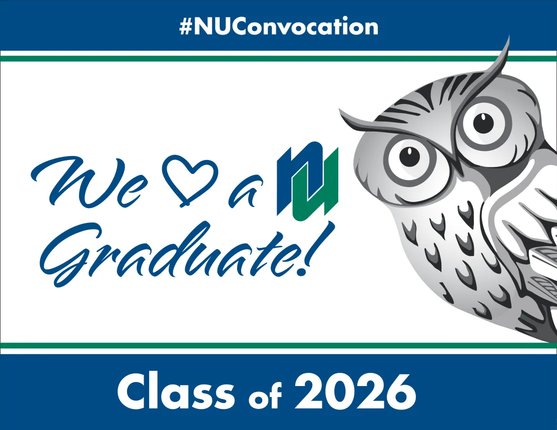 A sign that reads "Class of 2026 We Heart a NU Graduate #NUConvocation" with Nipissing University Owl