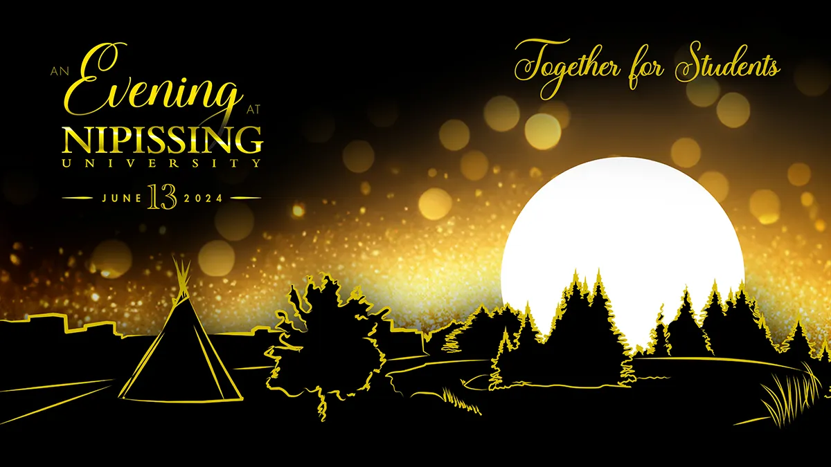 Banner style image of the Nipissing University campus building and nature silhouettes against a bring white low moon