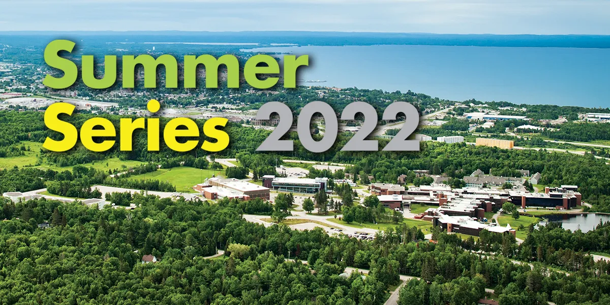 Aerial shot of campus with Summer Series 2022 text overlay