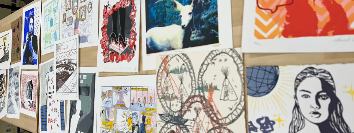 Feature images including artwork by Nipissing students
