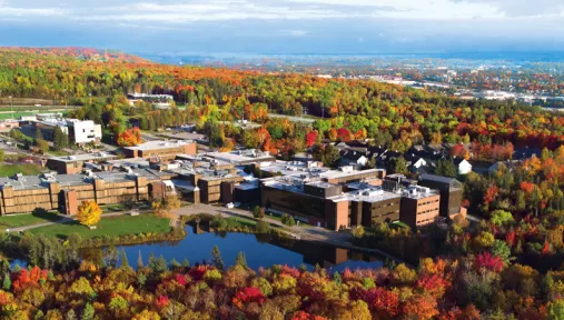 Fall aerial view of Nipissing University and Canadore College campus