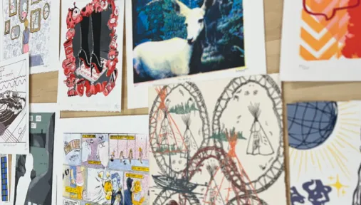 Feature images including artwork by Nipissing students