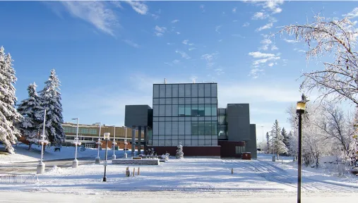 winter shot of the learning library and athletics centre