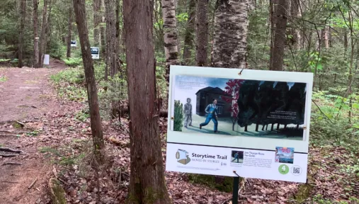 StoryWalk signs along the campus trails